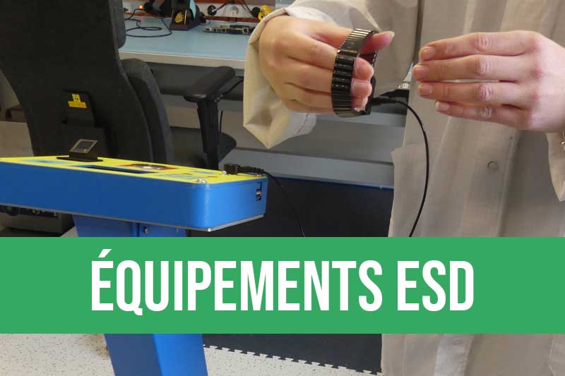 Produits antistatiques pour électronique : sols ESD avec dalles, peinture ESD, équipement personne avec blouse, gants, chaussures, bracelet ESD, équipement du poste avec tapis ESD, ioniseur, lampe ESD, test du marcheur, produits Iteco et Eurostat