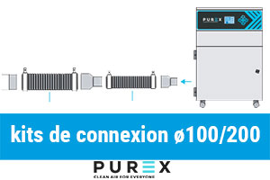 Cepelec distributeur extracteur de fumées Purex : kits de connexion diamètre 100 à 200 mm, pièces de rechange, tubes, coupleurs, réducteurs, tés pour branchement de votre machine à l'extracteur de polluants de l'air Purex