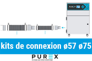 Cepelec distributeur extracteur de fumées Purex : kits de connexion diamètre 57 et 75 mm, pièces de rechange, tubes, coupleurs, réducteurs, tés pour branchement de votre machine à l'extracteur de polluants de l'air Purex