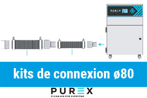 Cepelec distributeur extracteur de fumées Purex : kits de connexion diamètre 80 mm, pièces de rechange, tubes, coupleurs, réducteurs, tés pour branchement de votre machine à l'extracteur de polluants de l'air Purex