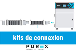 Cepelec distributeur extracteur de fumées Purex : kits de connexion, pièces de rechange, tubes, coupleurs, réducteurs, tés pour branchement de votre machine à l'extracteur de polluants de l'air Purex