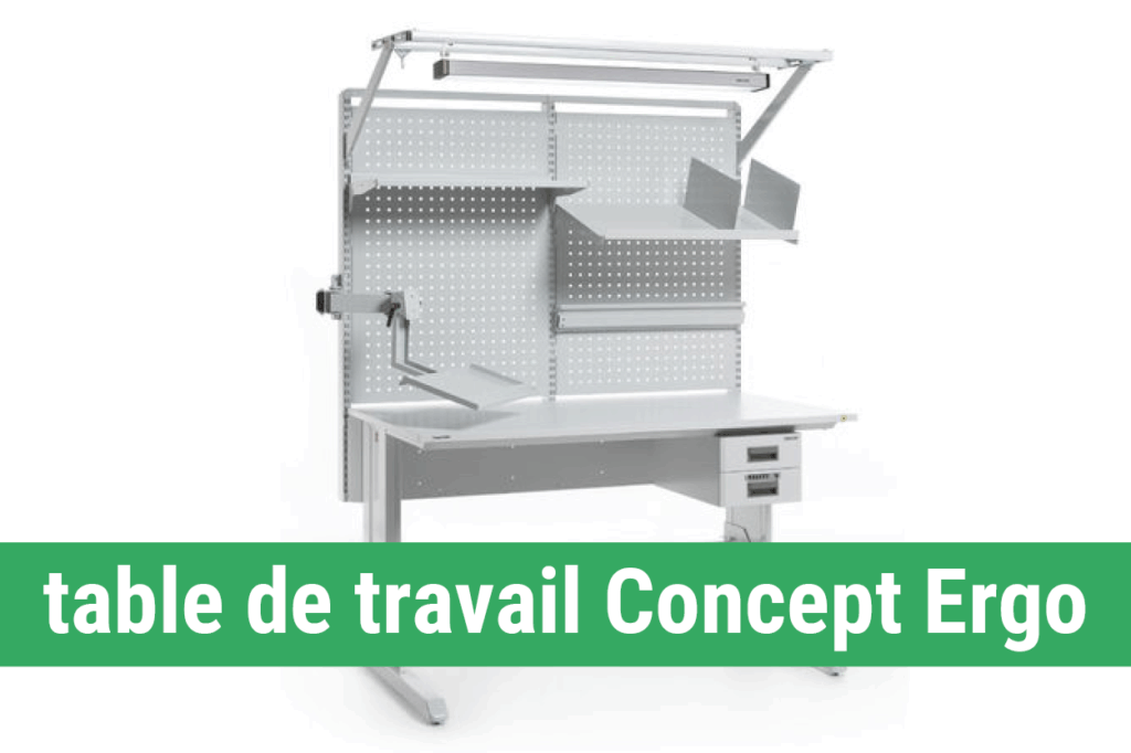 Poste de travail industriel Concept Ergo Treston, hauteur réglable électriquement ou à clé Allen, structure acier stable (1100 lb), adaptable à plus de 500 accessoires, compatible salles propres ISO 7
