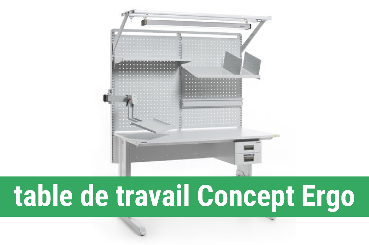 Poste de travail industriel Concept Ergo Treston, hauteur réglable électriquement ou à clé Allen, structure acier stable (1100 lb), adaptable à plus de 500 accessoires, compatible salles propres ISO 7
