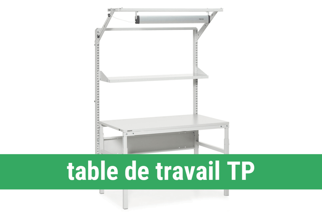 Table de travail industrielle TP Treston, solution industrielle solide, modulable avec de nombreux accessoires, protection ESD disponible, capacité de charge jusqu’à 660 lb