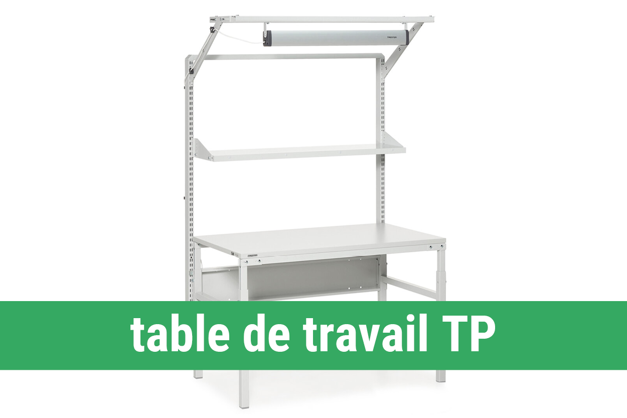 Table de travail industrielle TP Treston, solution industrielle solide, modulable avec de nombreux accessoires, protection ESD disponible, capacité de charge jusqu’à 660 lb