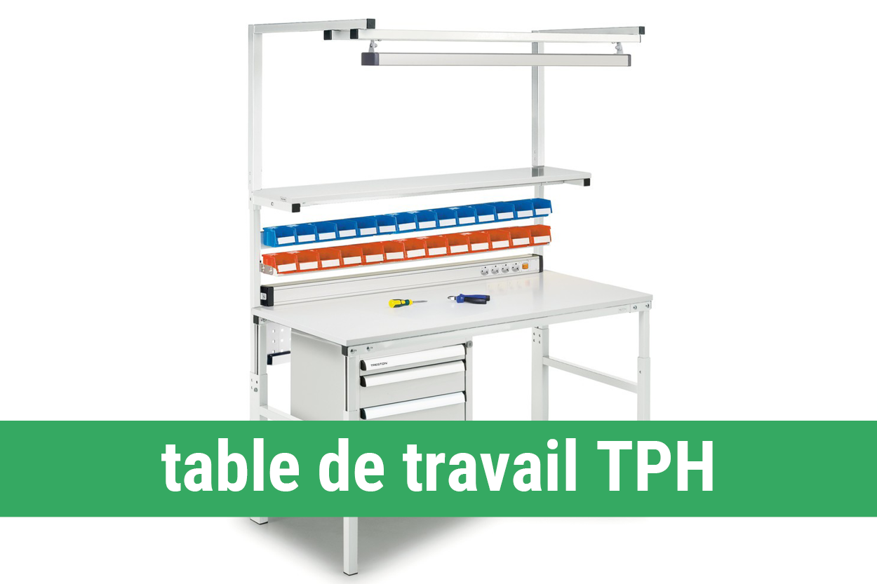 Table réglable TPH Treston, poste de travail industriel métallique avec tablette, hauteur ajustable, robuste et personnalisable selon besoins d’atelier